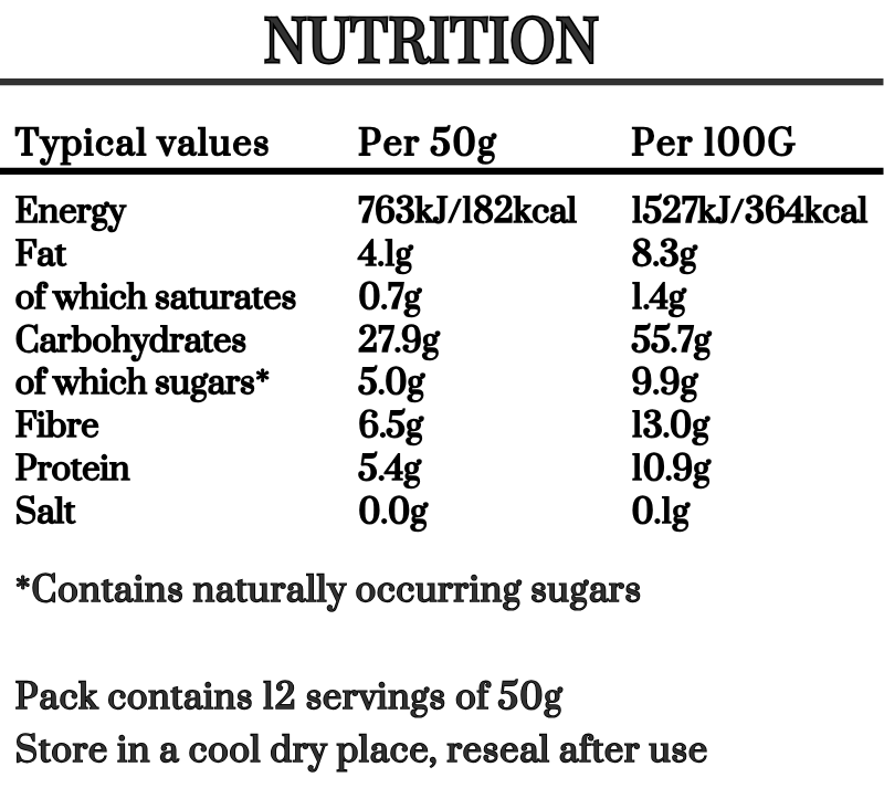 Nutritional information table for a Berry Medley High Fibre Porridge showing energy, fat, carbohydrates, protein, and salt content per 50g and 100g.