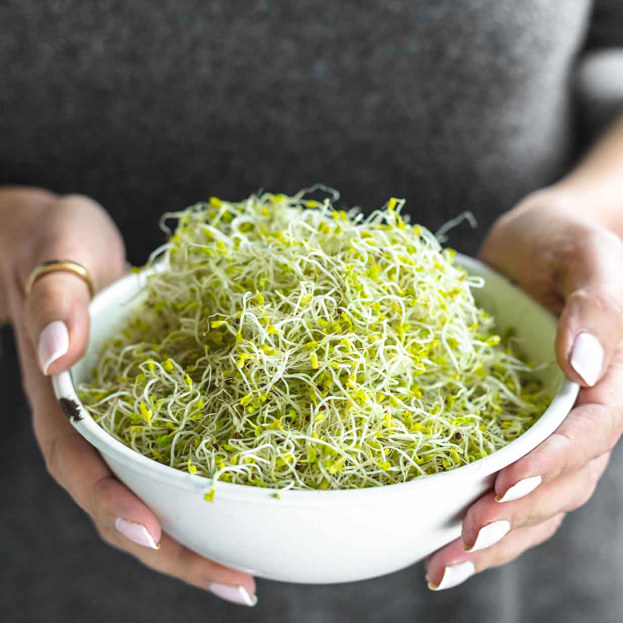 A woman holding a bowl of sprouted broccoli seeds