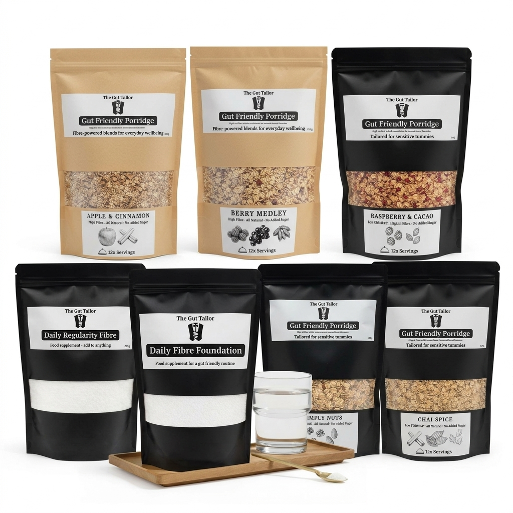 Assorted packages of 'Gut Friendly Porridge' with visible ingredients on a white background