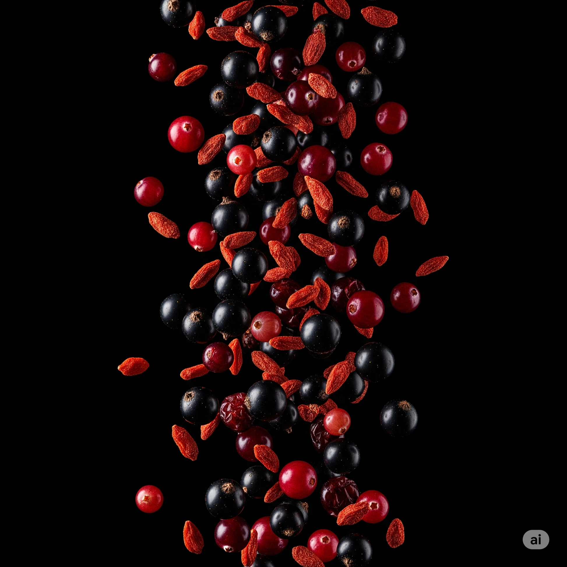 Berries and goji berries falling against a black background