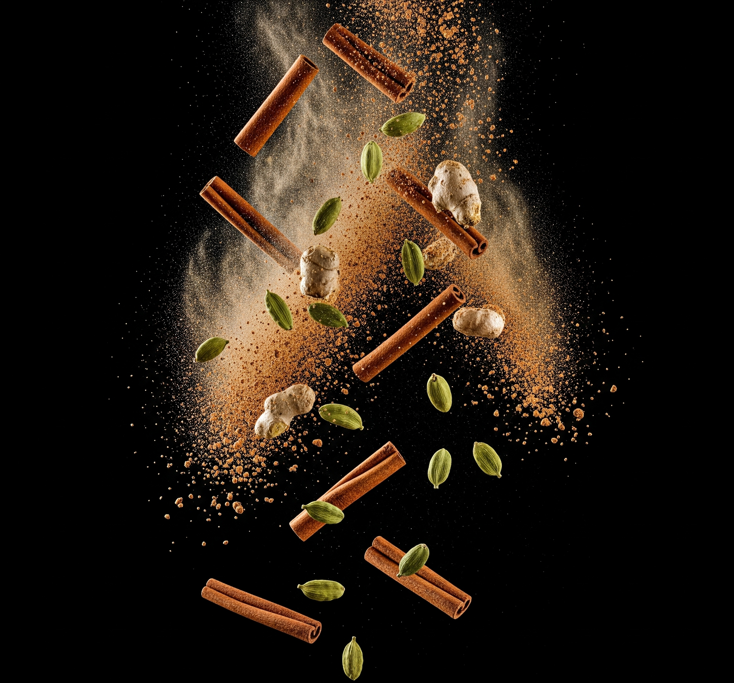 Cinnamon sticks, ginger powder and cardamom pods falling against a black background