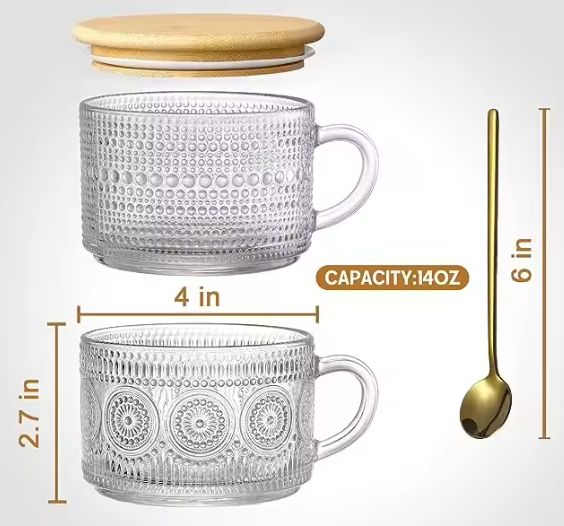 Dimensions of the glass coffee mugs and golden spoon