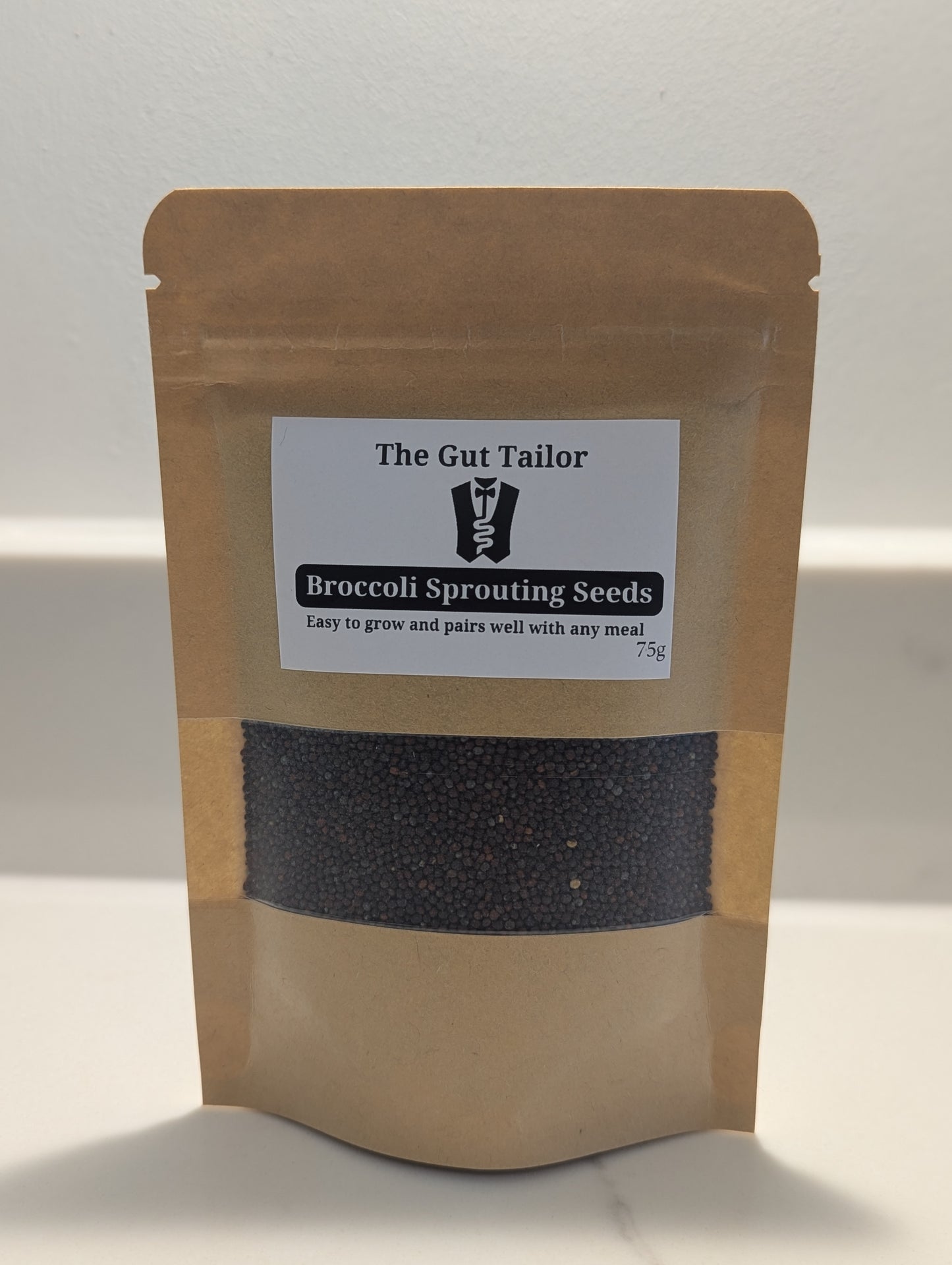 A stand up pouch containing sprouting broccoli seeds