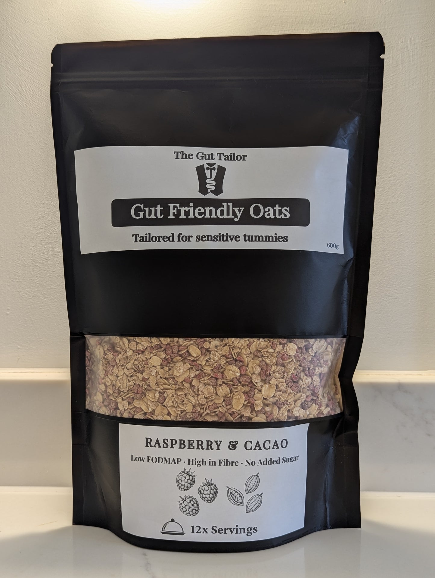Bag of Gut Friendly Oats with visible branding and product details on a neutral background