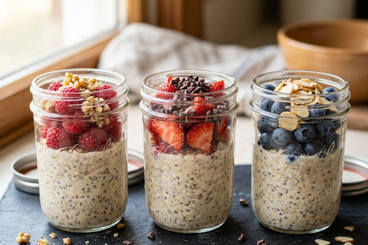 low FODMAP overnight oats recipe in glass jars with raspberries walnuts and blueberries