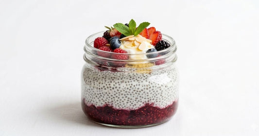 chia pudding with toppings on a plain white background