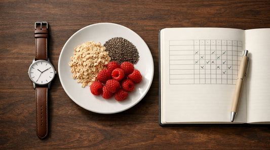 A watch, high fibre foods, and food diary on a wooden table