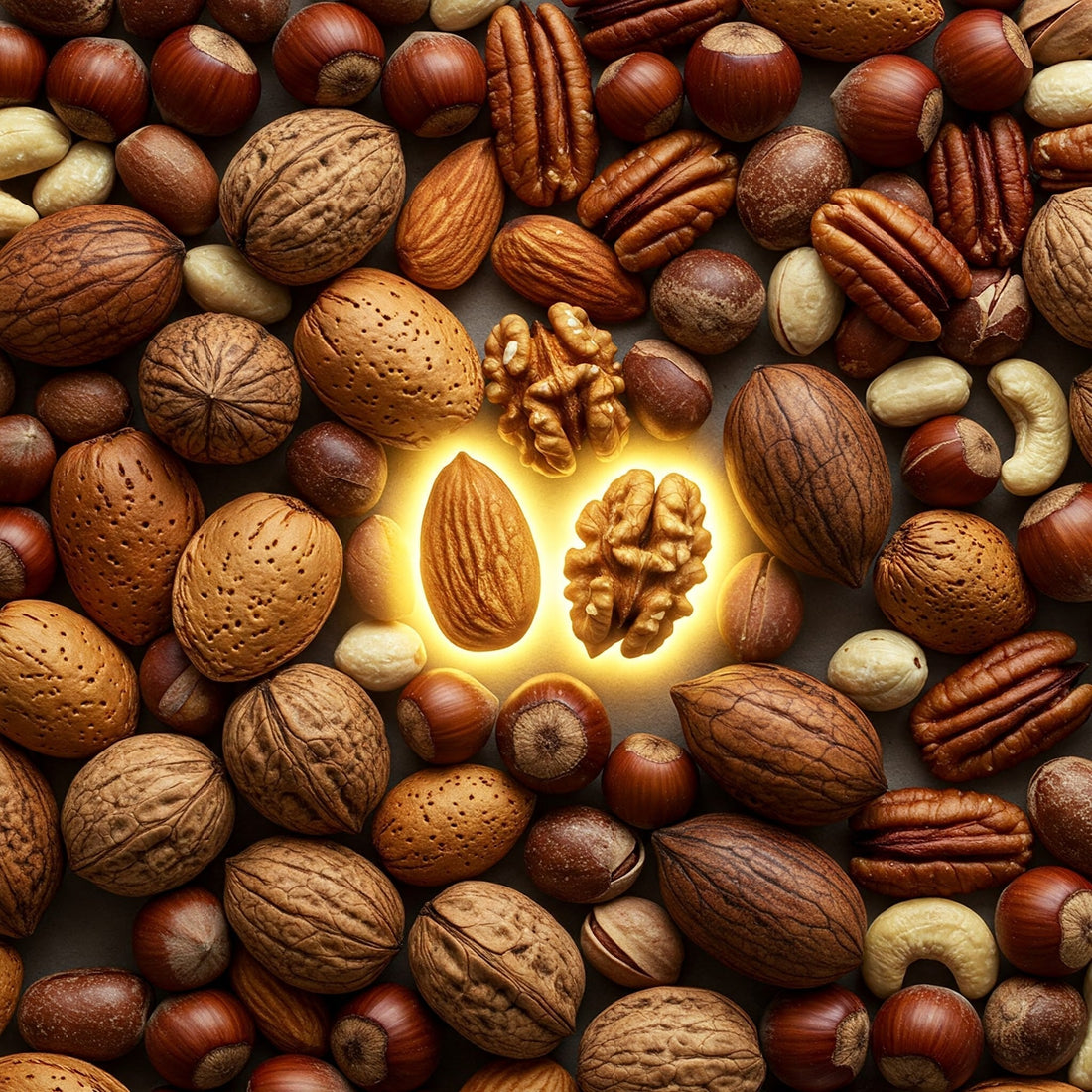 A collection of nuts with walnuts and almonds in the middle highlighted as the healthiest nuts for gut health