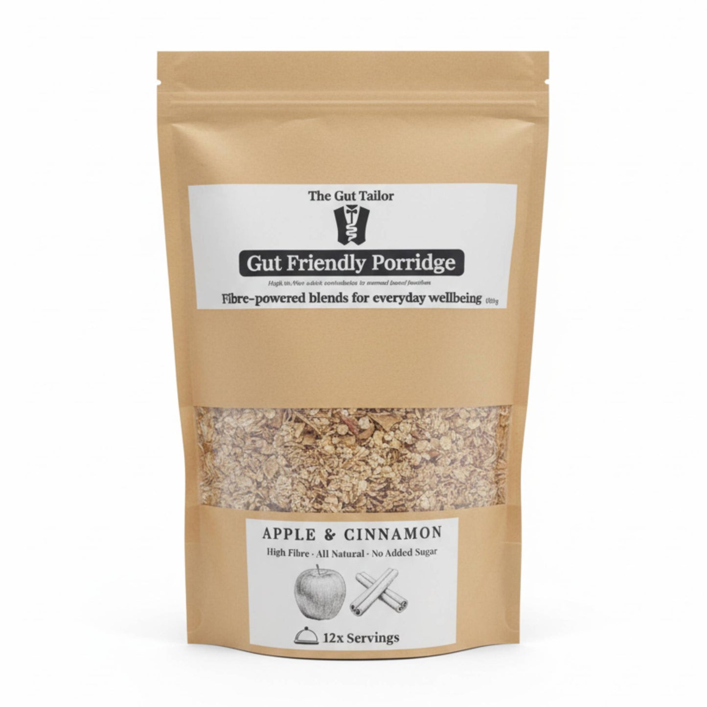 The Gut Tailor Apple & Cinnamon Gut Friendly Porridge on a plain white background