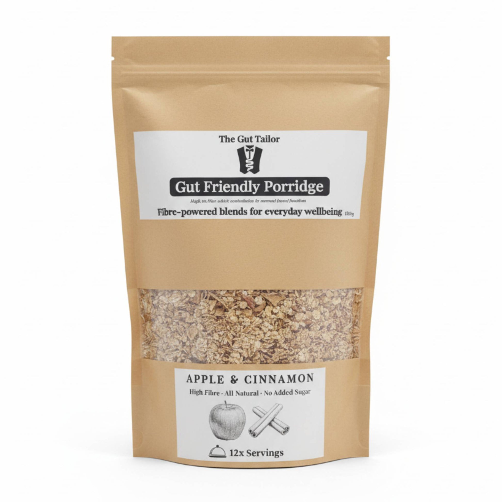 The Gut Tailor Apple & Cinnamon Gut Friendly Porridge on a plain white background