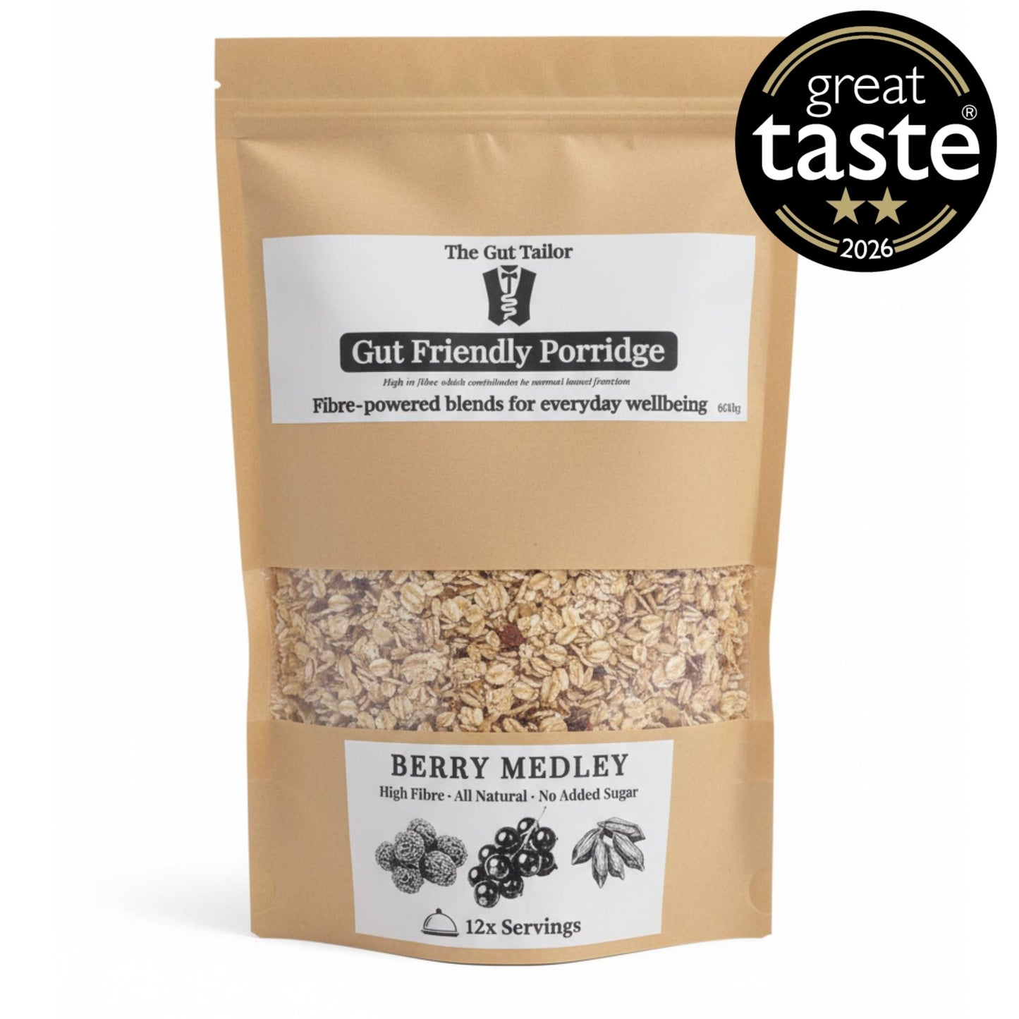 A stand-up pouch of The Gut Tailor Gut Friendly Porridge in Berry Medley flavor, featuring a kraft paper design with a clear window showing the oatmeal inside. A black 'great taste 2026' badge is in the top right corner.