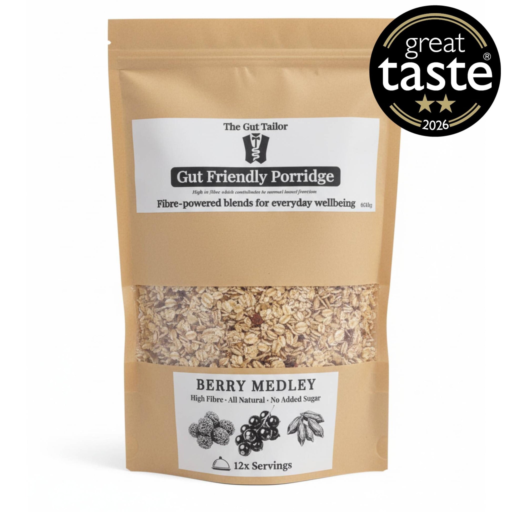 A stand-up pouch of The Gut Tailor Gut Friendly Porridge in Berry Medley flavor, featuring a kraft paper design with a clear window showing the oatmeal inside. A black 'great taste 2026' badge is in the top right corner.