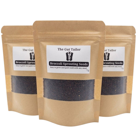 Three packages of 'The Gut Tailor' broccoli sprouting seeds on a white background
