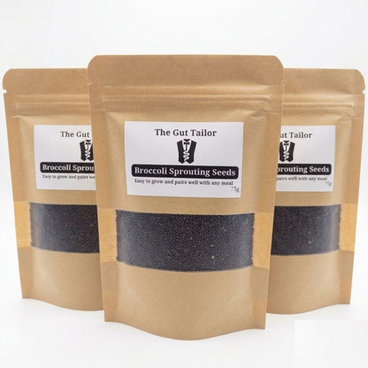 Three packages of 'The Gut Tailor' broccoli sprouting seeds on a white background