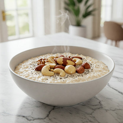 A bow of 7-Nut prebiotic porridge by The Gut Tailor on a marble kitchen countertop