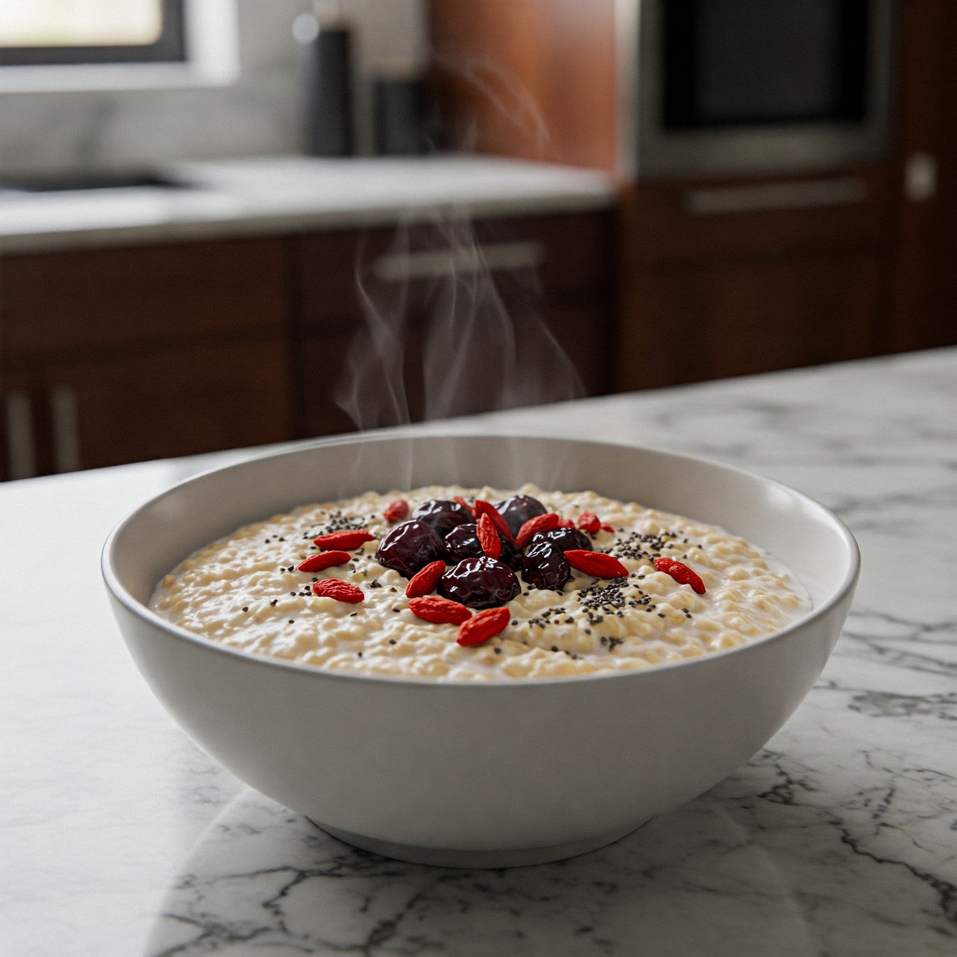 A bowl of prebiotic porridge on a kitchen countertop. The porridge is the Red Velvet recipe by The Gut Tailor and contains goji berries, cranberries and white mulberries