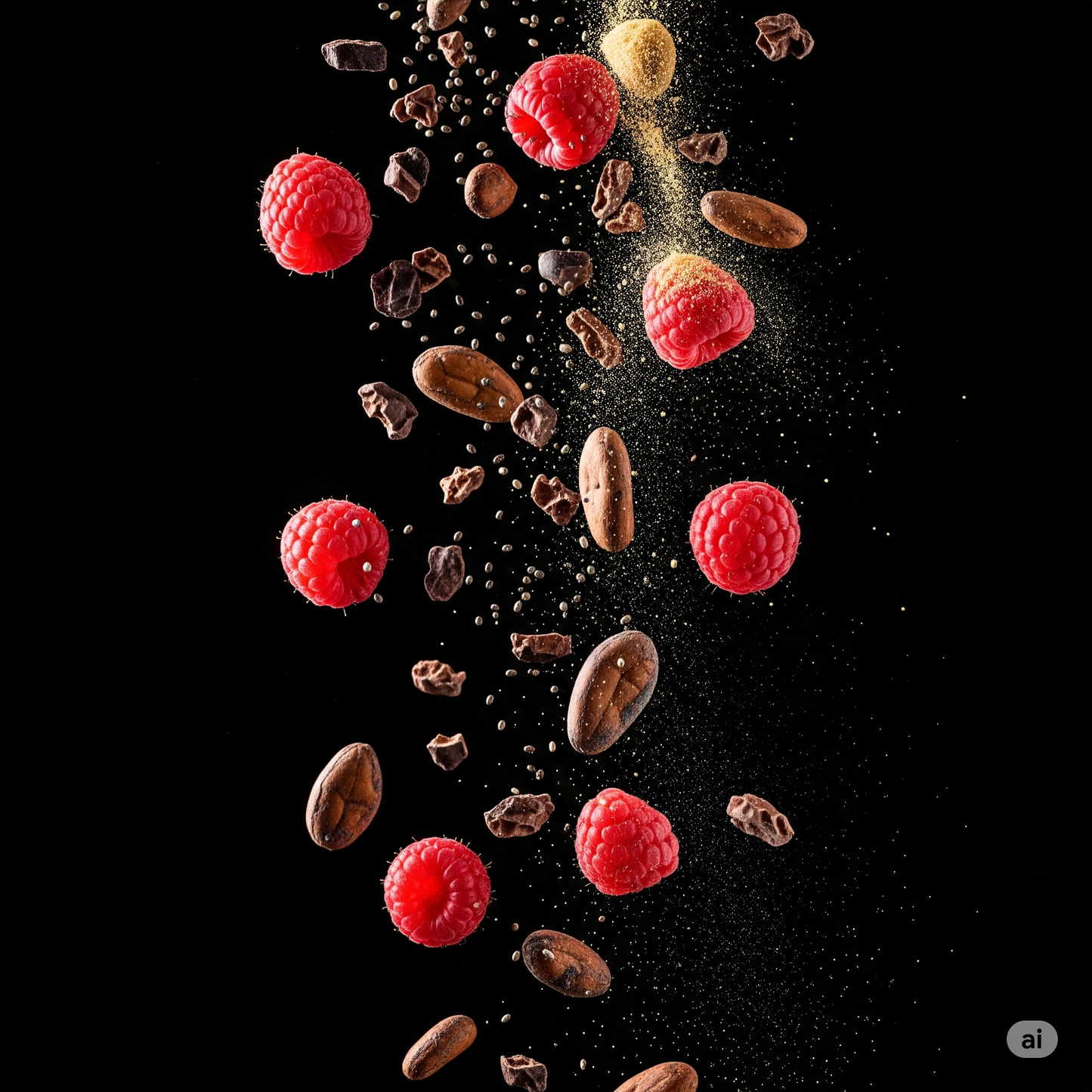 Raspberries and chocolate pieces in mid-air against a black background