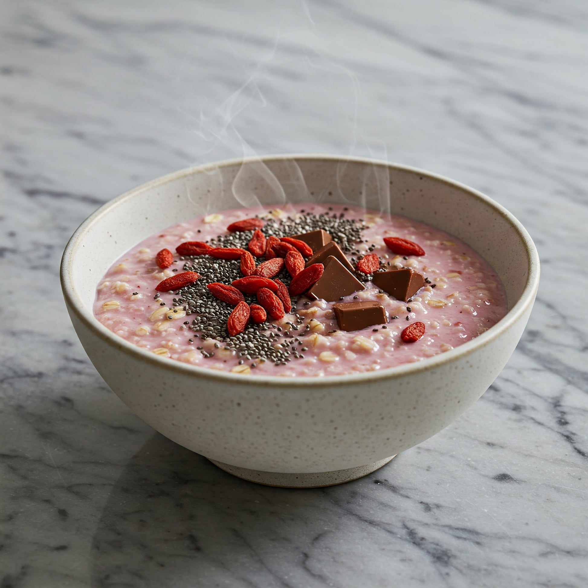 A bowl of prebiotic porridge by the gut tailor. It's the red velvet recipe containing dark chocolate, goji berries and chia seeds. It's sat on a marble kitchen countertop. 