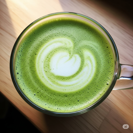 Green matcha latte with a swirl of milk in a clear glass mug on a wooden surface