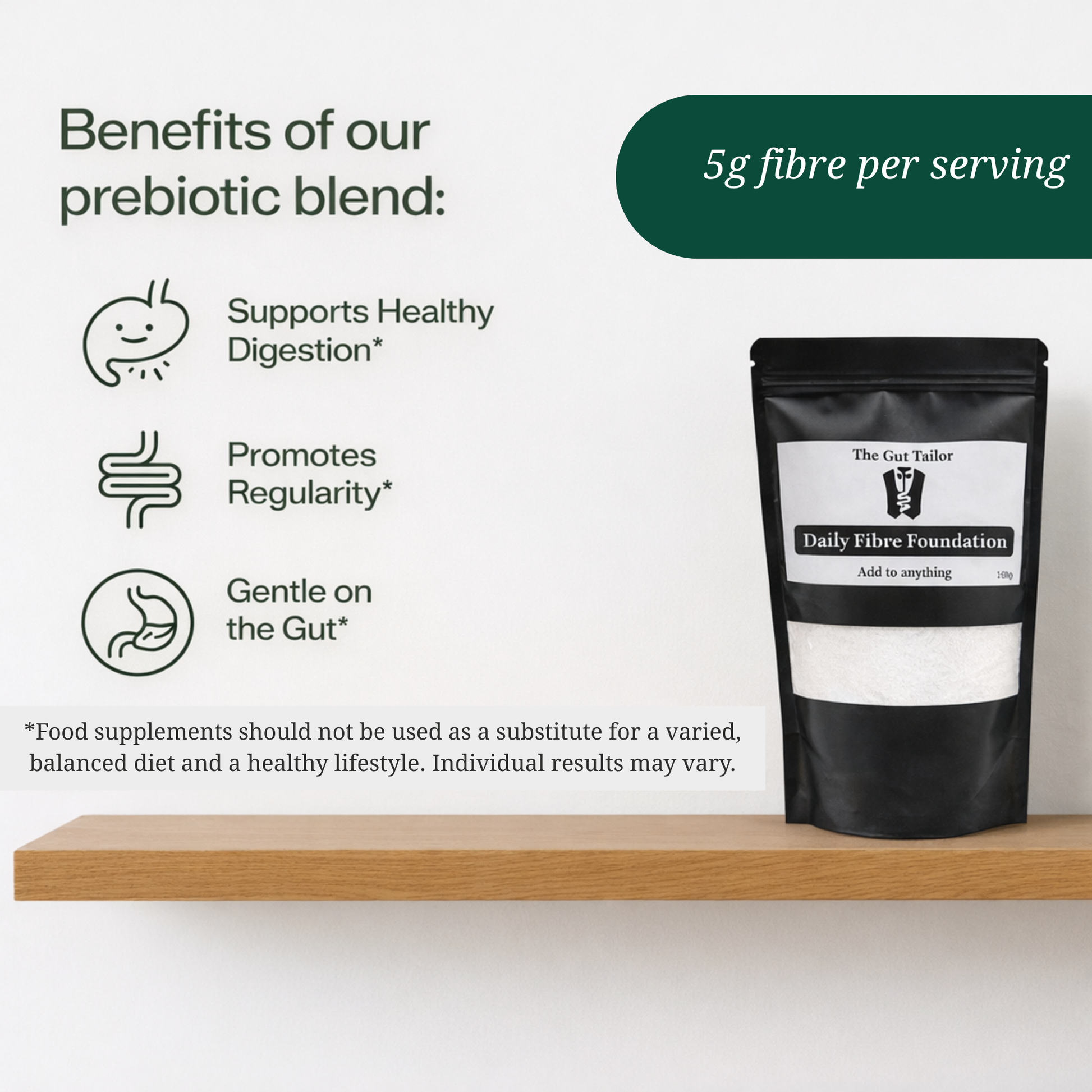 Black packaging of 'Daily Fibre Foundation' with text about prebiotic blend benefits on a white background.