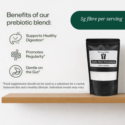 Black packaging of 'Daily Fibre Foundation' with text about prebiotic blend benefits on a white background.