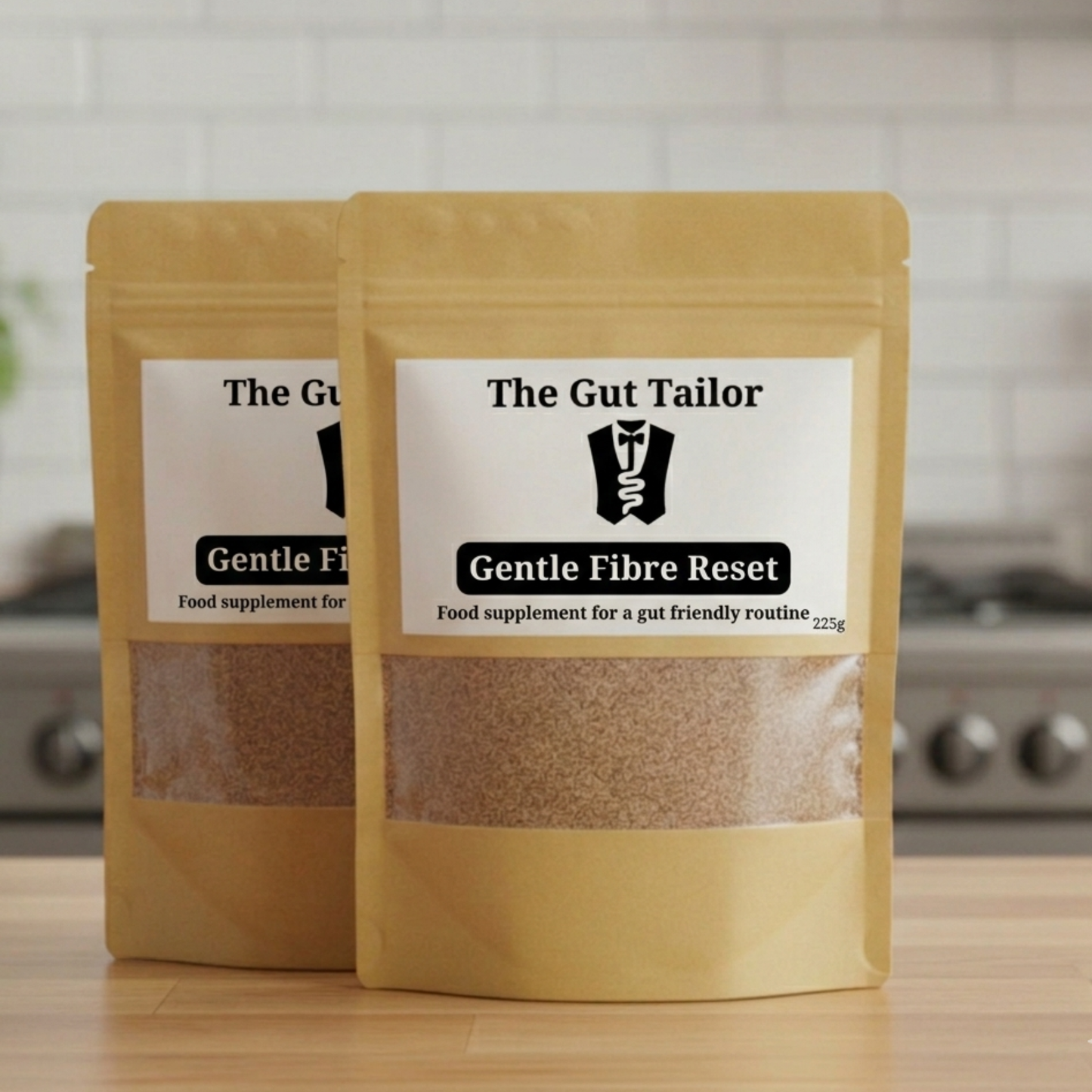 Two packages of 'The Gut Tailor' Gentle Fiber Reset on a kitchen counter.