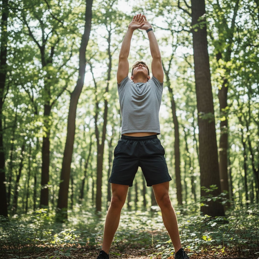 Image of a man stretching in a forest representing balance