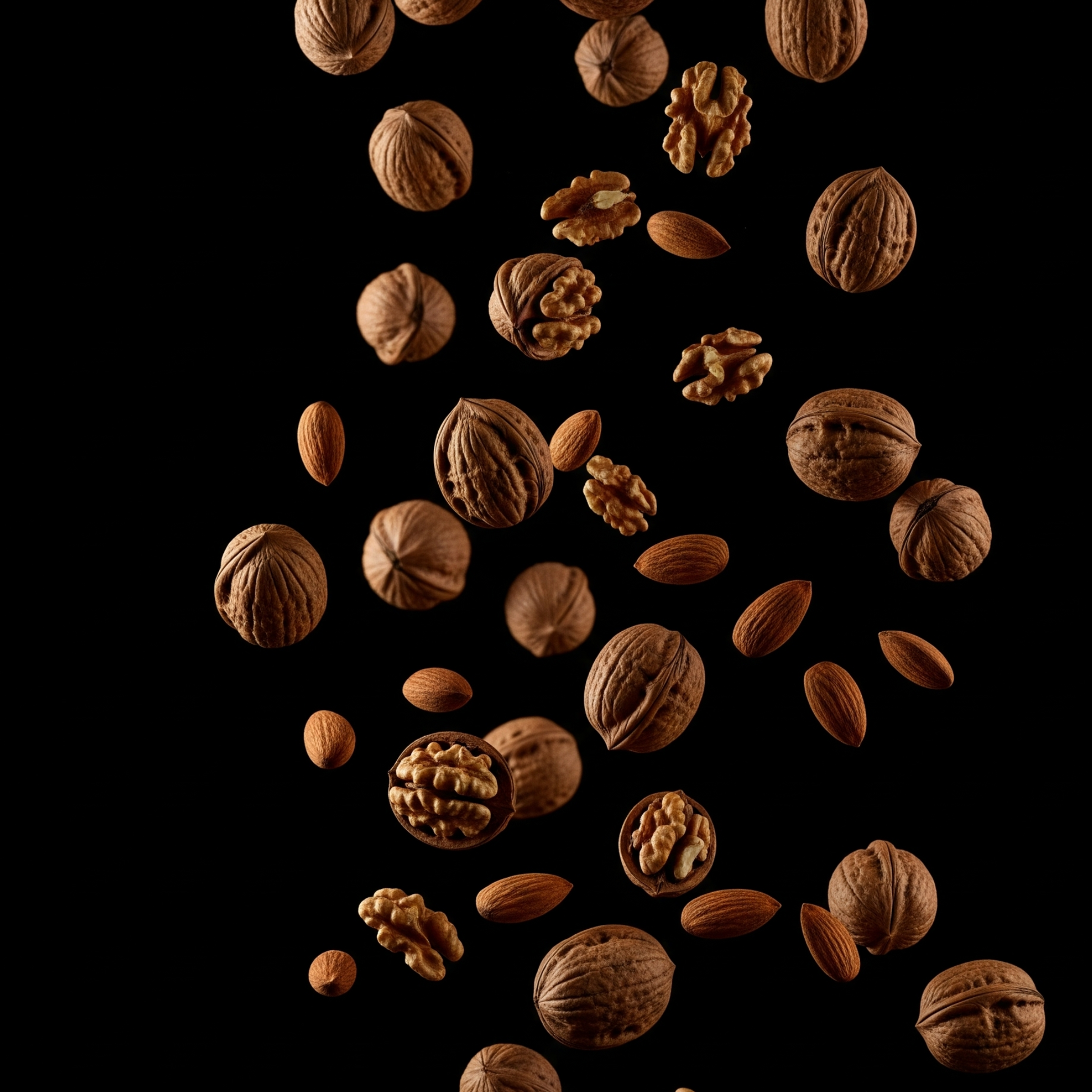 Walnuts and almonds scattered on a black background