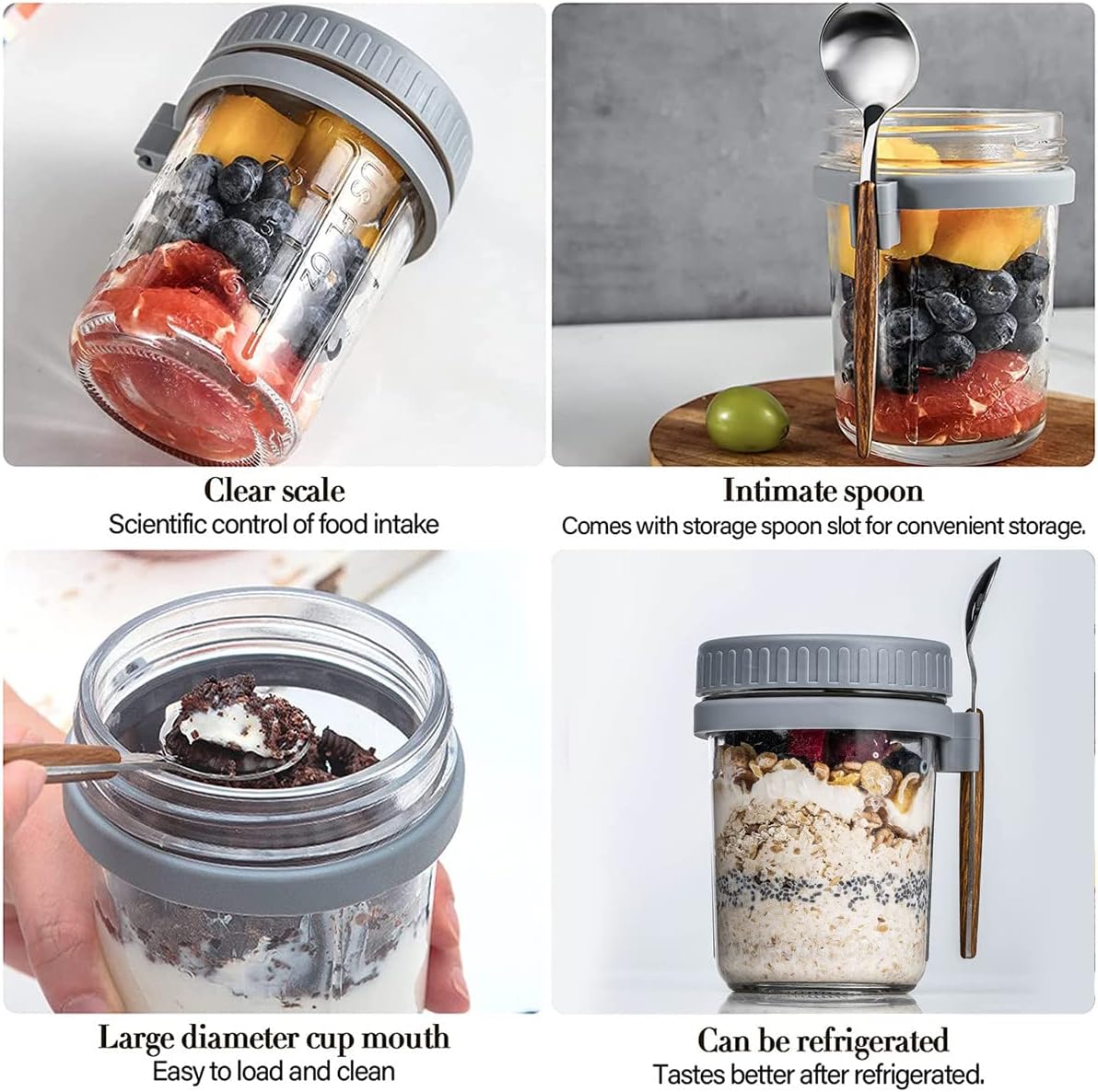 An infographic showing the features of the overnight oats glass jar