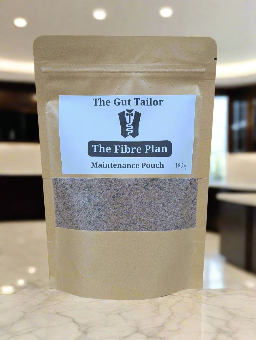 A sachet of fibre supplement, The Fibre Plan, containing dietary fibre (insoluble fibre, soluble fibre, prebiotic fibre).