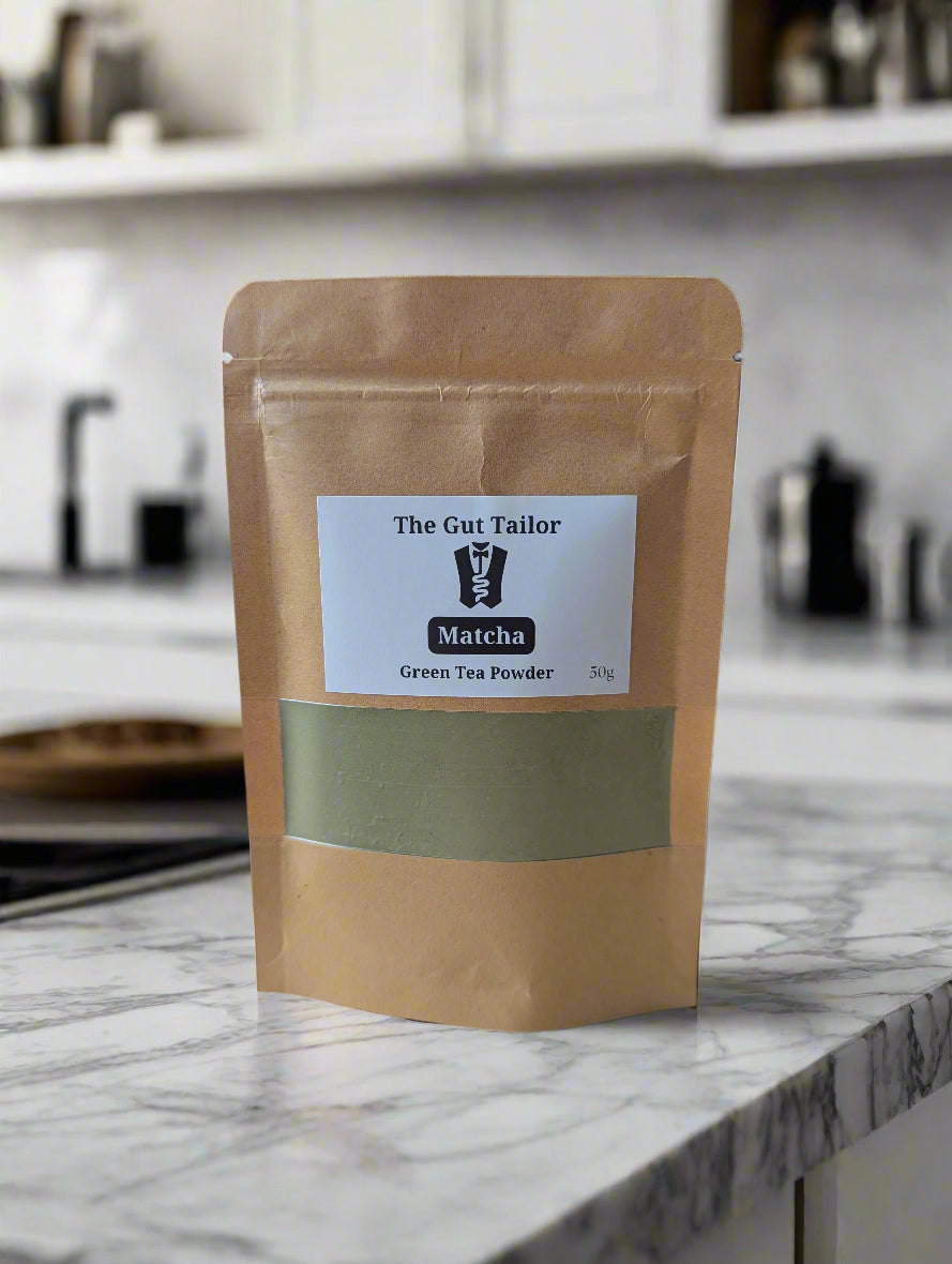 A sachet of matcha green tea powder