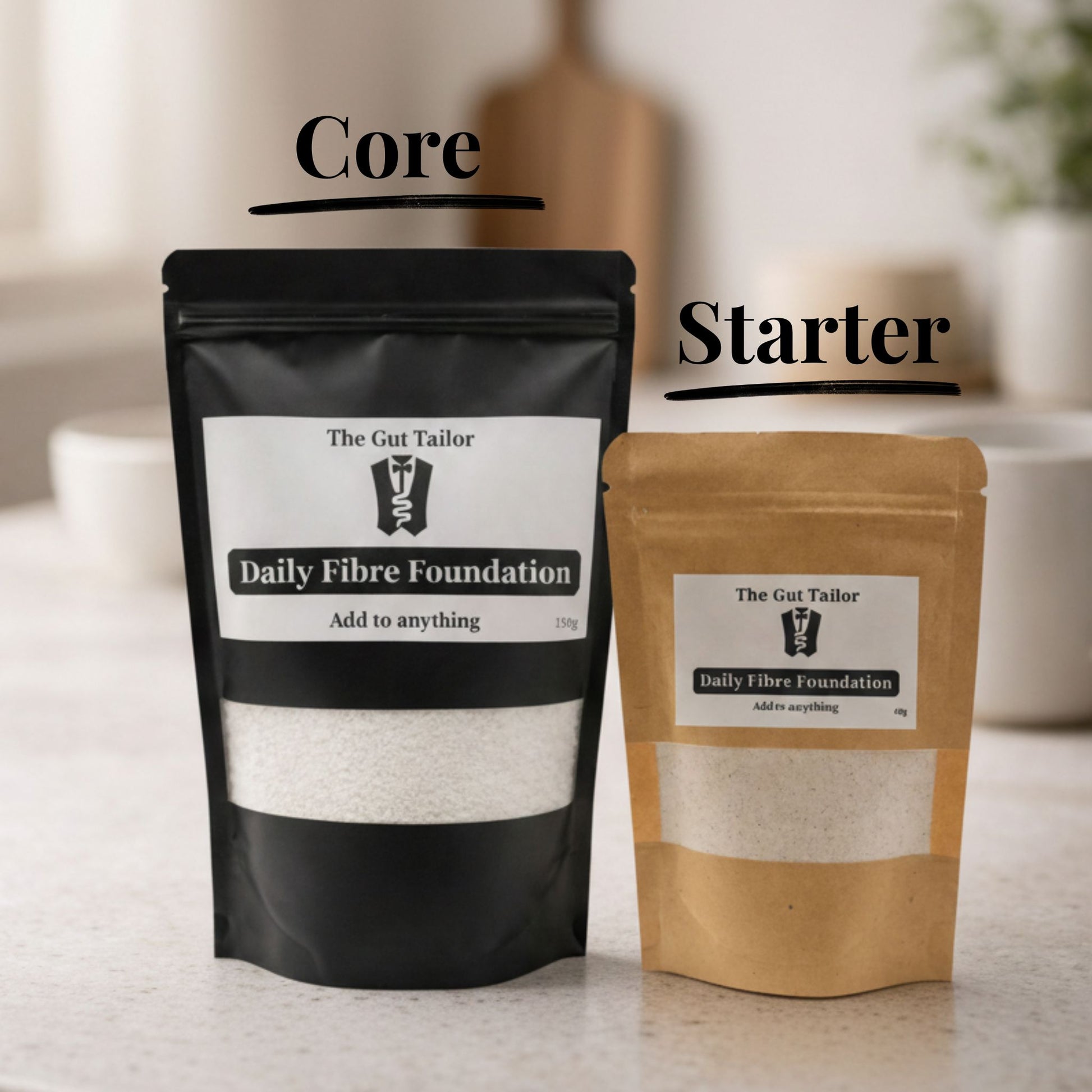 Two packages labeled 'Core' and 'Starter' from 'The Gut Tailor' on a neutral background.