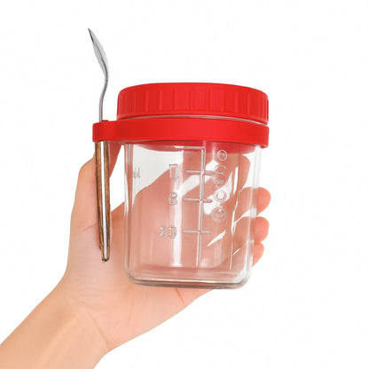 Overnight oats jar with red strap and lid and spoon holder. Healthy breakfast high fibre overnight oats