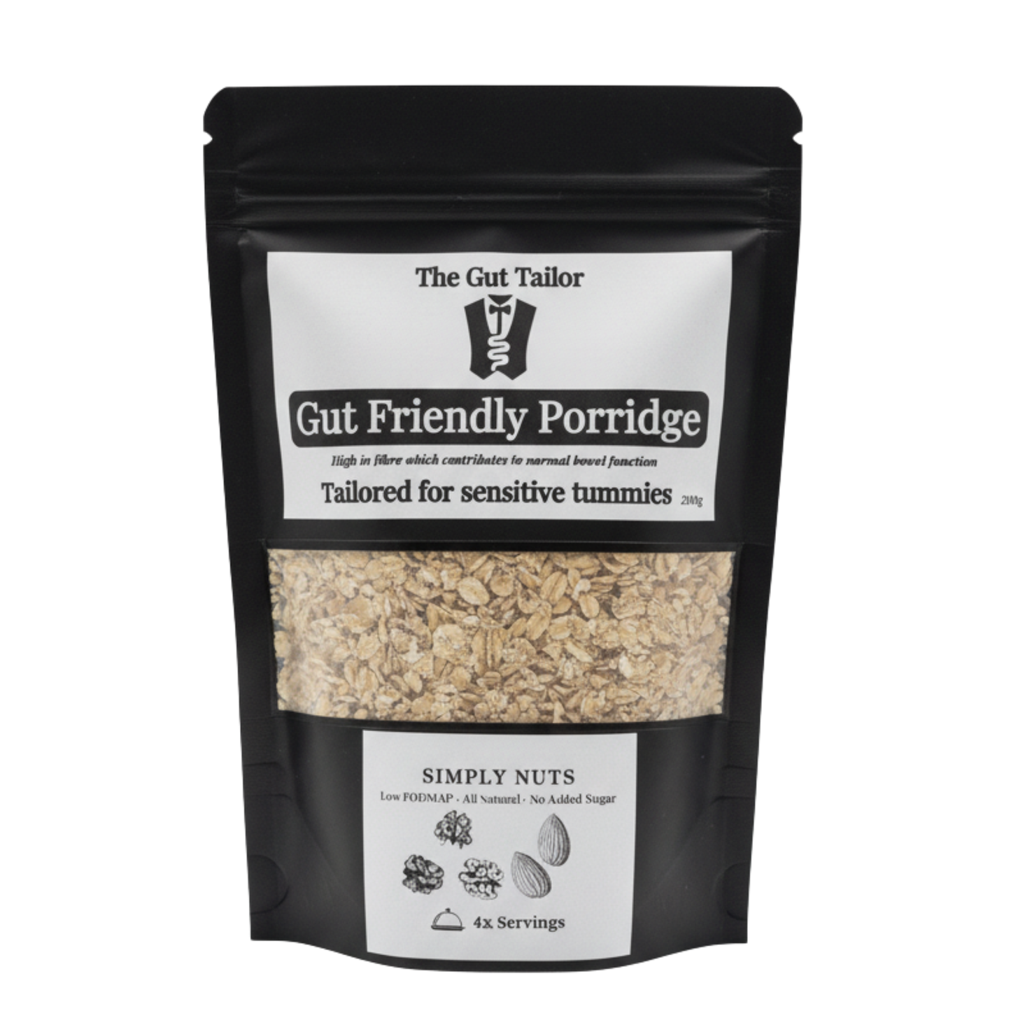 Package of 'Gut Friendly Porridge' by The Gut Tailor with a black background