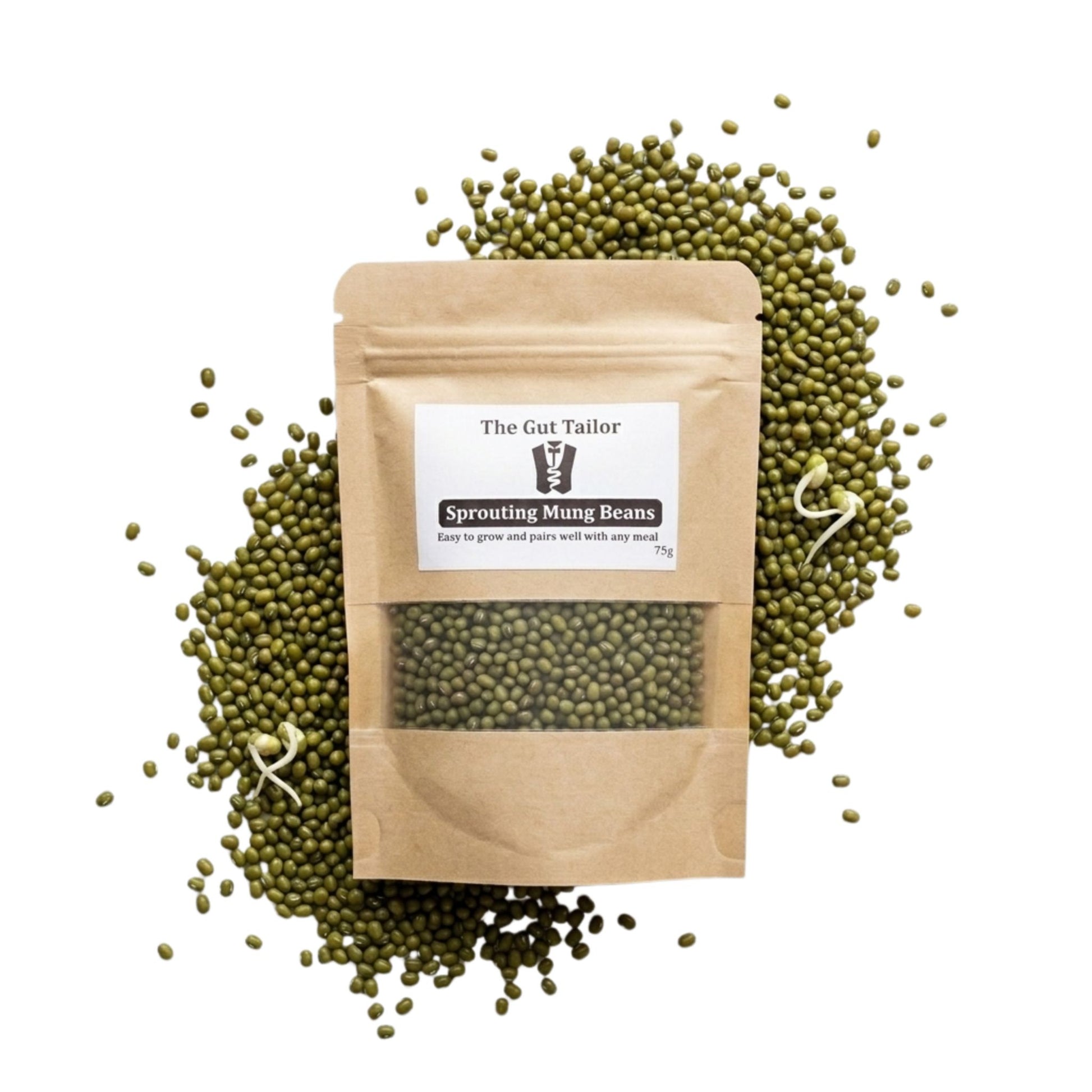 Package of 'The Gut Tailor' sprouting mung beans surrounded by scattered beans on a white background