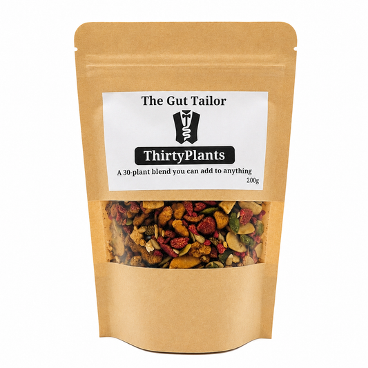 Kraft paper packaging of 'ThirtyPlants' blend by The Gut Tailor on a white background
