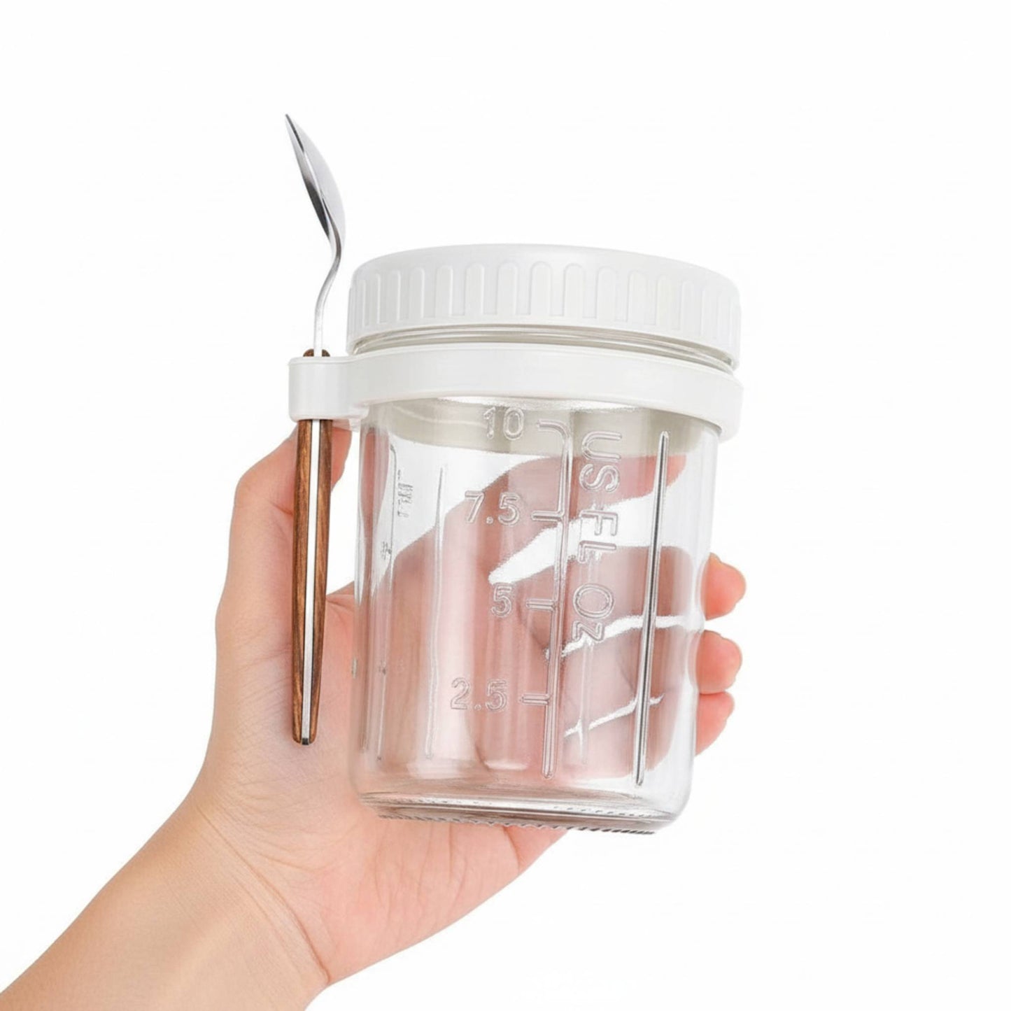 Portable overnight oats jar leakproof with spoon white healthy high fibre breakfast meal prep