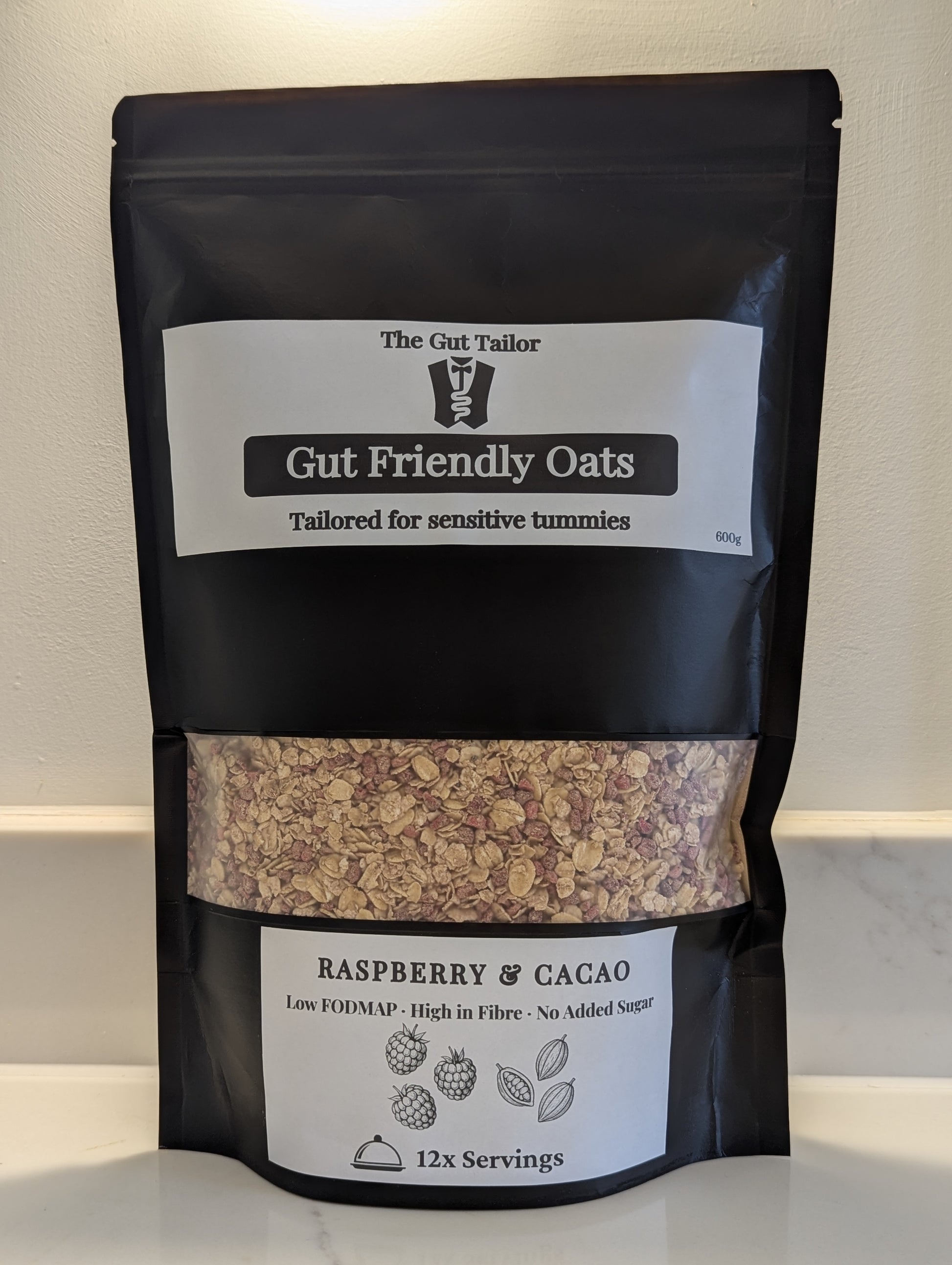 Bag of Gut Friendly Oats with visible branding and product details on a neutral background