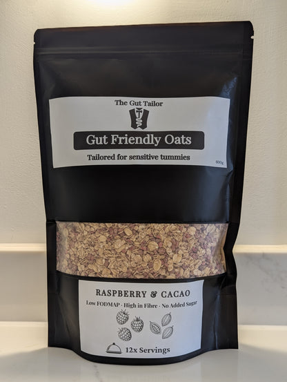 Bag of Gut Friendly Oats with visible branding and product details on a neutral background