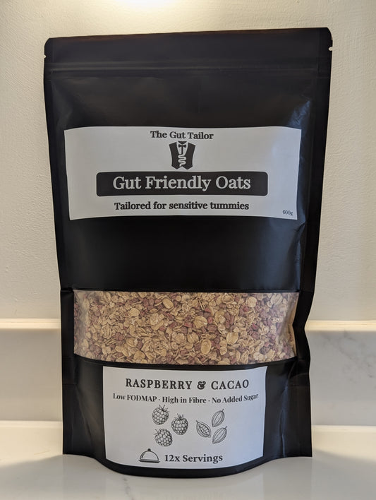 Bag of Gut Friendly Oats with visible branding and product details on a neutral background
